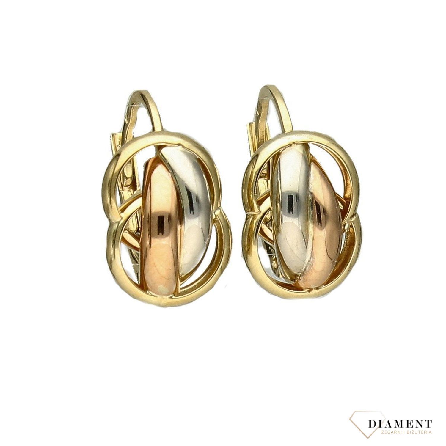 Błyszczące kolczyki złote 333 angielskie 'Trzy kolory złota' to piękne złote kolczyki na zapięcie angielskie typu zatrzask wykonane z próby 333..jpg